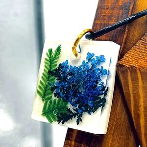 Real Blue Flowers Green Ferns Nature Life Outdoor Pendant Necklace